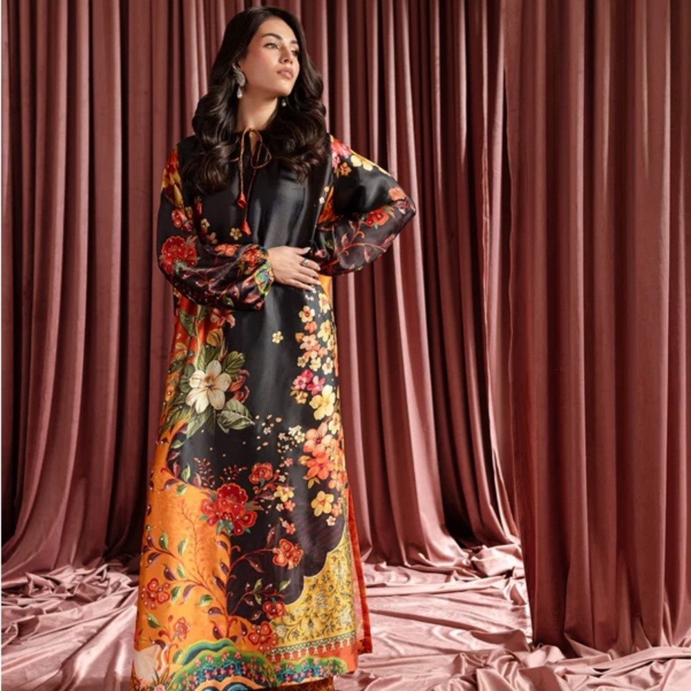 Black Floral Maxi Dress with Orange Accents